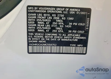 2021 Volkswagen Atlas Se z USA, uszkodzony, nr VIN 1V2HR2CA2MC558752